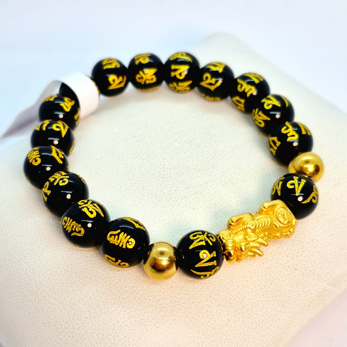 Natural Black Obsidian Feng Shui Bracelet with Silver Pixiu Gold Plated in 10mm or 12mm Stones