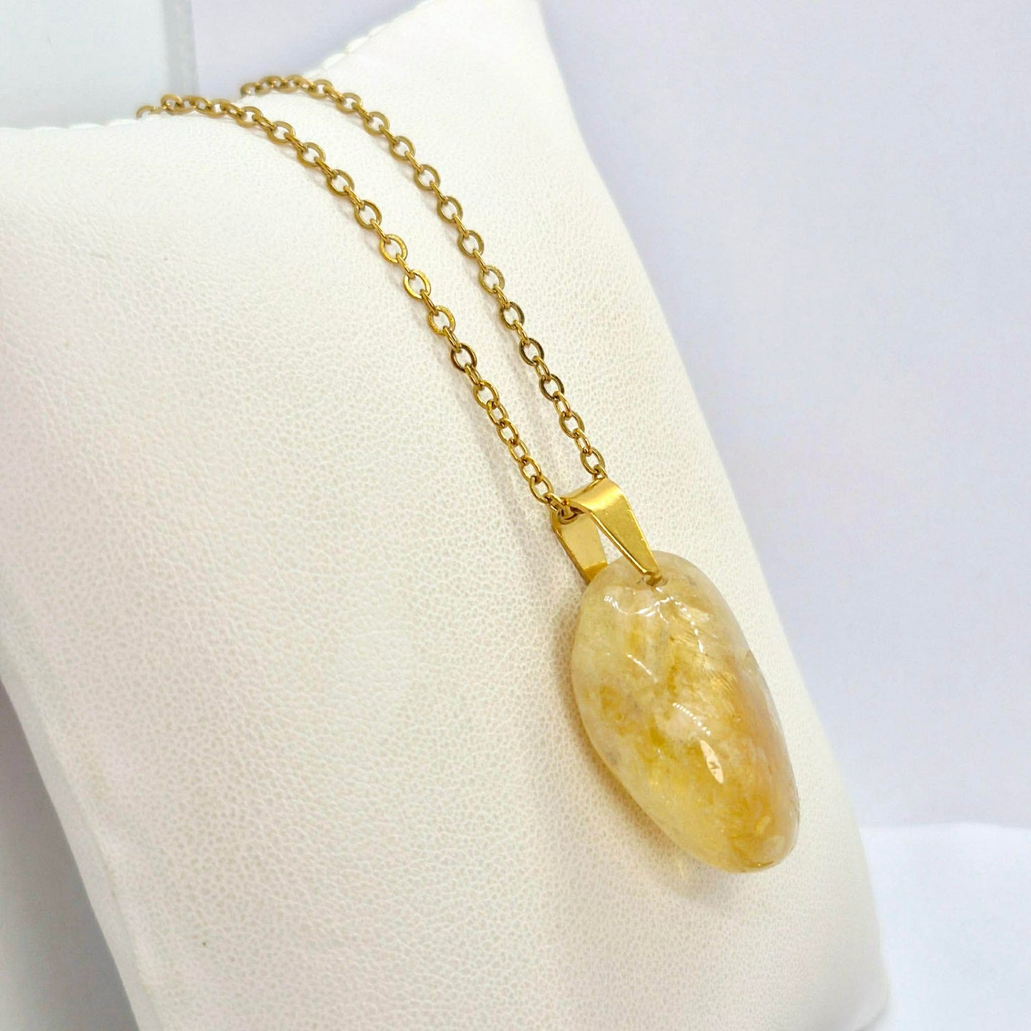 Natural Citrine Rutilated Quartz Pendant with Gold Plated Stainless Steel Chain Necklace