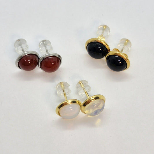 Natural Stone Stud Earrings in Stainless Steel, Red Agate, Black Agate and Opal