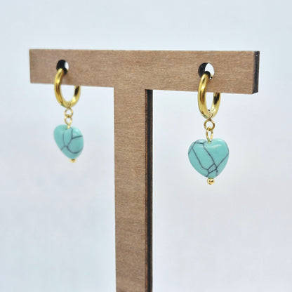 Natural Turquoise Heart Hoop Earrings in Stainless Steel Gold Plated