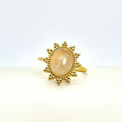 Natural Stone Ring in Gold Plated Stainless Steel Resizeable, Tiger Eye, Rose Quartz, Yellow Jade and  Aventurine