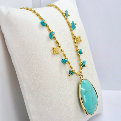 Natural Turquoise Pendant with Stainless Steel Chain Necklace