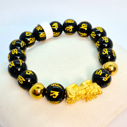 Natural Black Obsidian Feng Shui Bracelet with Silver Pixiu Gold Plated in 10mm or 12mm Stones