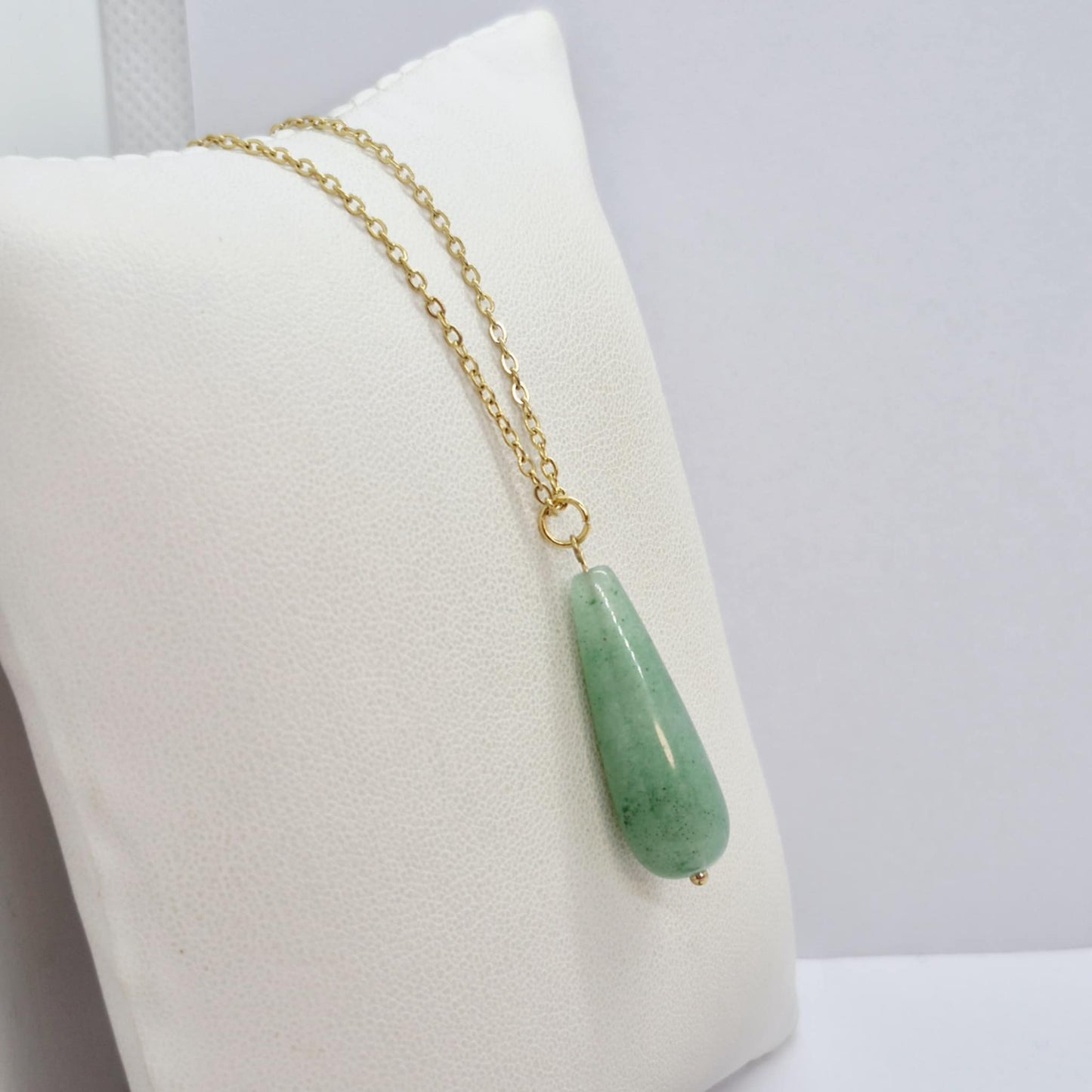 Natural Aventurine Raindrop Pendant Stainless Steel Gold Plated Chain Necklace