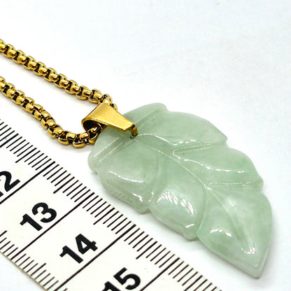 Natural Burmese Jade Leaf Pendant with Gold Platted Stainless Steel Necklace