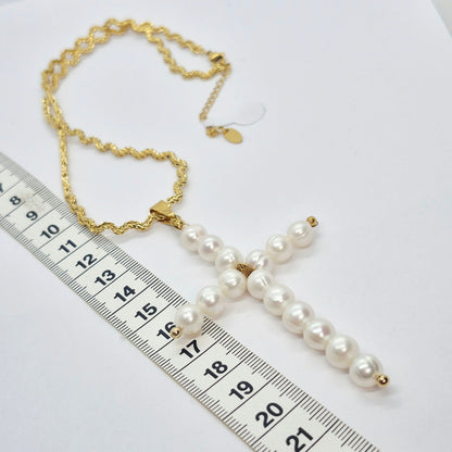 Natural Pearl Cross Pendant in Gold Plated Stainless Steel