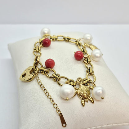 Natural Stone Bracelet with Pearls and Red Coral in 6-11mm Stones