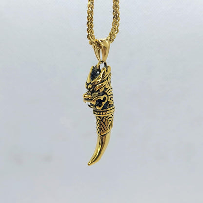 Dragon Tooth Pendant in Stainless Steel Gold Plated Chain Necklace