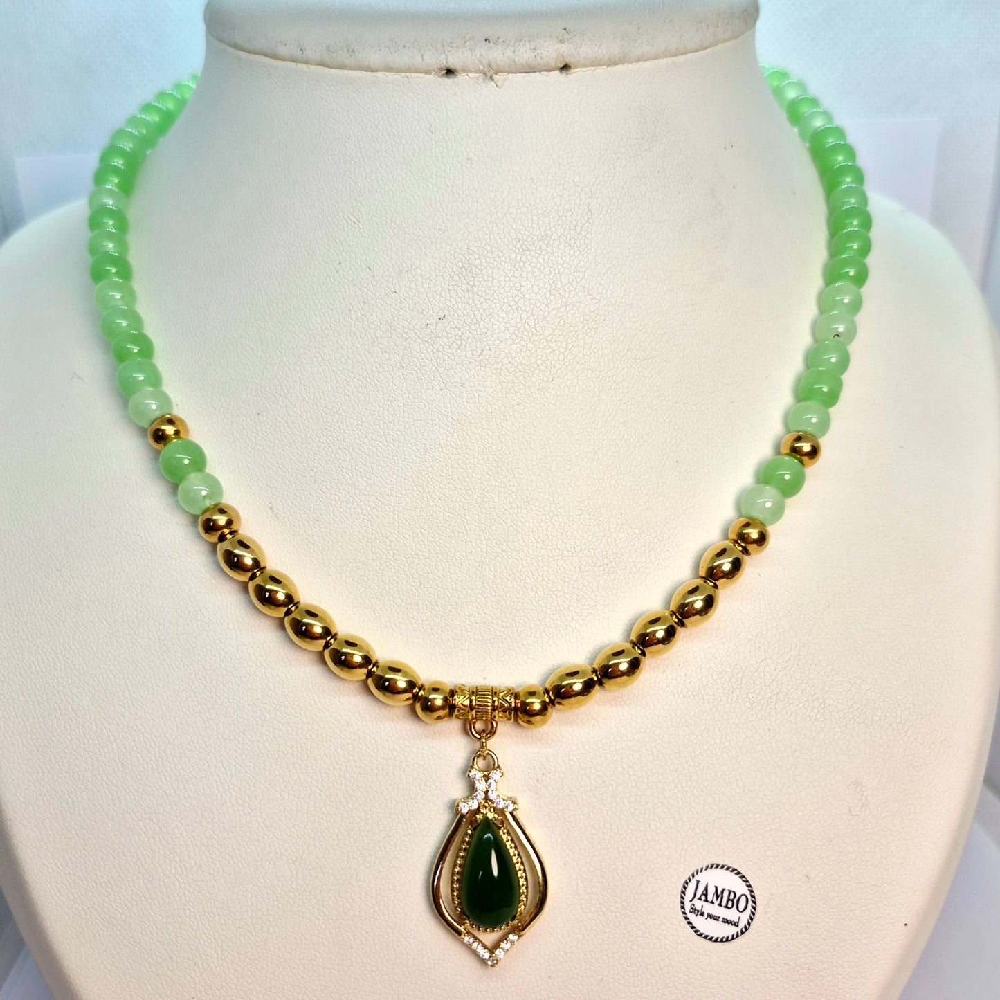 Natural Green Jasper Necklace Choker in 6mm Stones with Hetian Jade Pendant