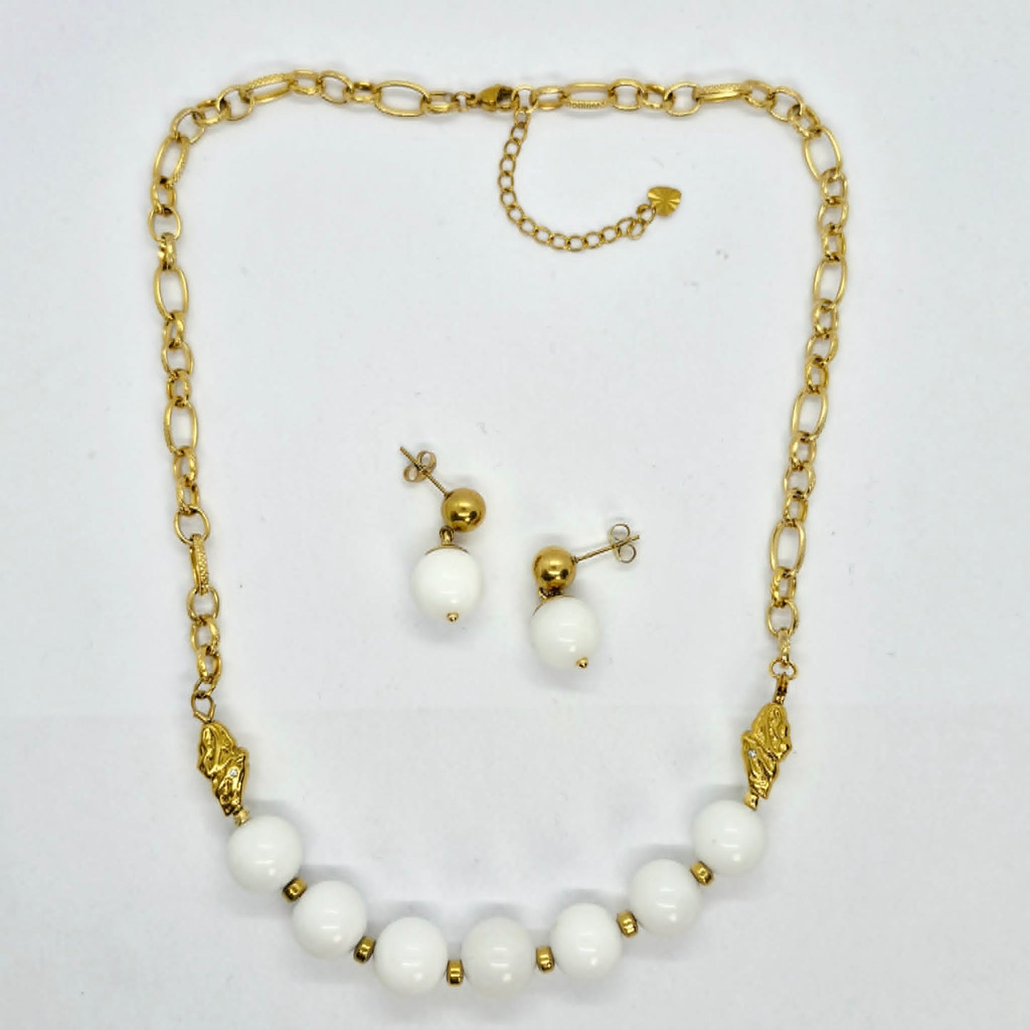 White Porcelain Set in 12mm Stones and Gold Plated Stainless Steel with Chain Necklace