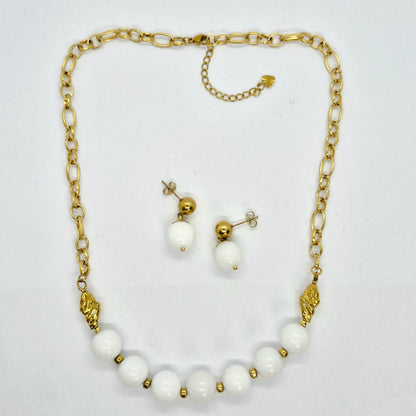White Porcelain Set in 12mm Stones and Gold Plated Stainless Steel with Chain Necklace