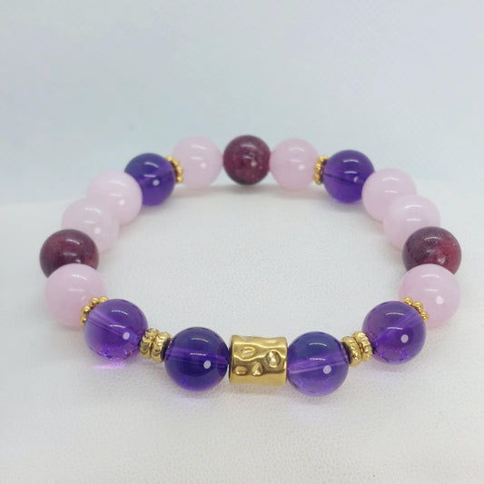 Love and Passion Bracelet with Amethyst, Rose Quartz & Ruby in 10mm Natural Stones