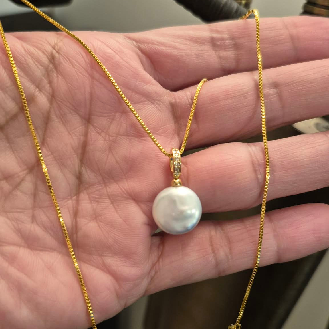 Natural Button Pearl Pendant Necklace in Gold Platted Sterling Silver