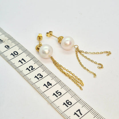 Natural 12mm Pearl Dangle Earrings in Stainless Steel Gold Plated
