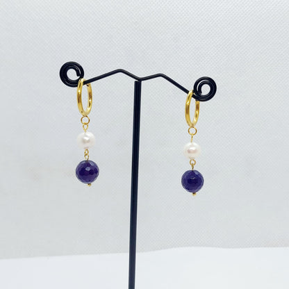 Natural Amethyst and Pearl Dangle Hoop Earrings in Gold Plated Stainless Steel