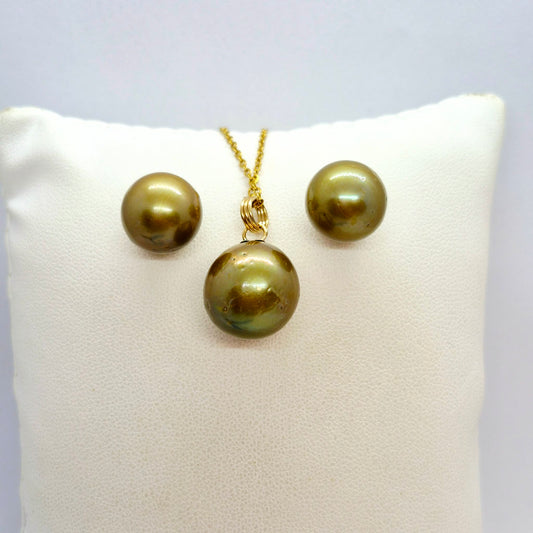Natural Green South Sea Pearl Earrings with 14-16mm Stones in Solid 14K Gold