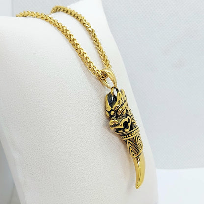 Dragon Tooth Pendant in Stainless Steel Gold Plated Chain Necklace