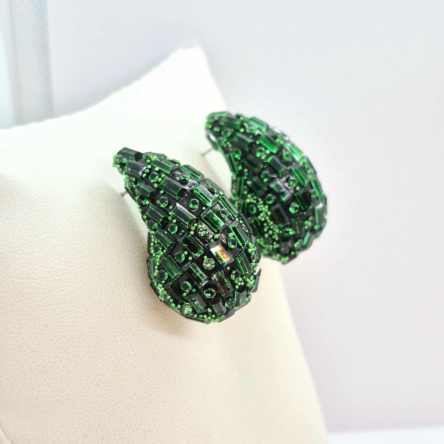 Big Raindrop Earrings with Green Glass and Resin in Stainless Steel