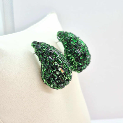 Big Raindrop Earrings with Green Glass and Resin in Stainless Steel