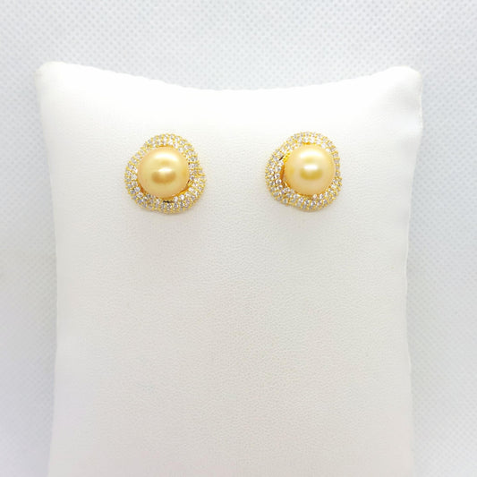 Natural Golden 10mm South Sea Pearl Stud Earrings in Gold Plated Sterling Silver