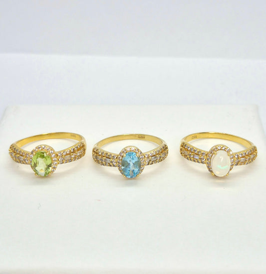 Natural 1ct Stone Ring with Topaz, Peridot or Opal in Gold Plated Sterling Silver