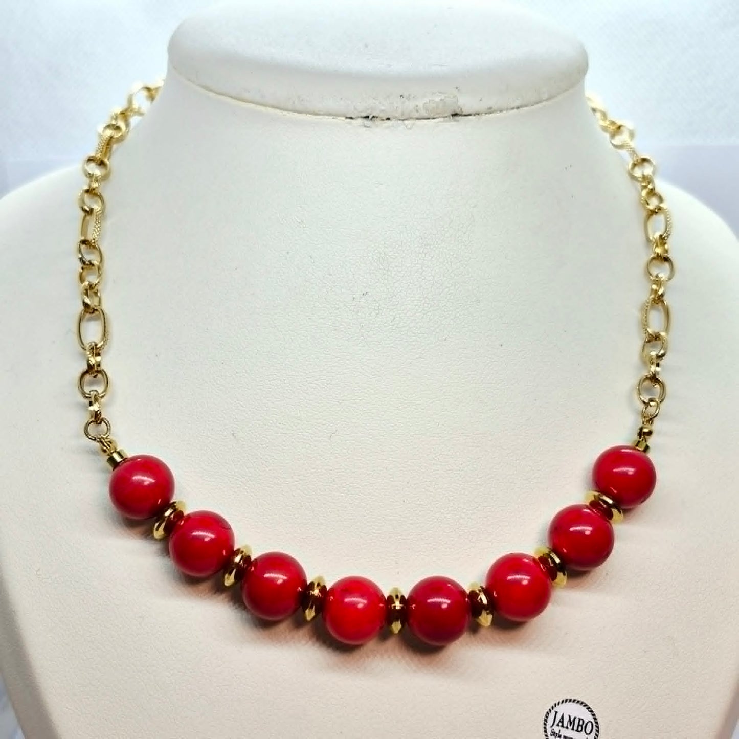 Natural Coral Dyed Red Set in 12mm Stones and Gold Plated Stainless Steel with Chain Necklace