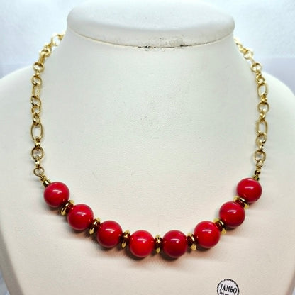Natural Coral Dyed Red Set in 12mm Stones and Gold Plated Stainless Steel with Chain Necklace