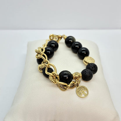Natural Stone Bracelet with Obsidian and Lava in 12mm Stones