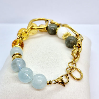 Natural 12mm Mixed Stone Bracelet with Aquamarine, Citrine, Labradorite and Tridacna