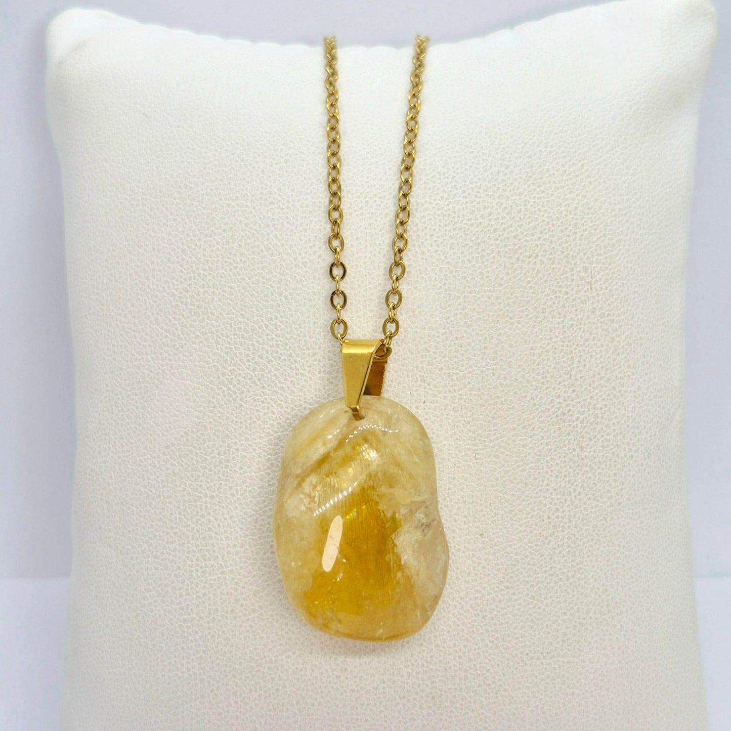 Natural Citrine Rutilated Quartz Pendant with Gold Plated Stainless Steel Chain Necklace