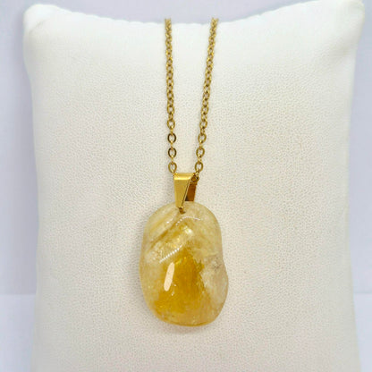 Natural Citrine Rutilated Quartz Pendant with Gold Plated Stainless Steel Chain Necklace