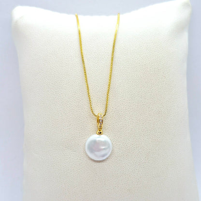 Natural Button Pearl Pendant Necklace in Gold Platted Sterling Silver