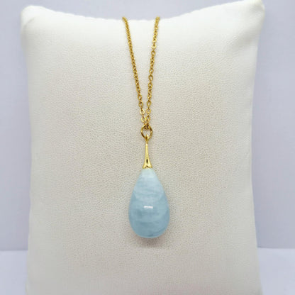 Natural Aquamarine Raindrop Pendant with Stainless Steel Gold Plated Chain Necklace