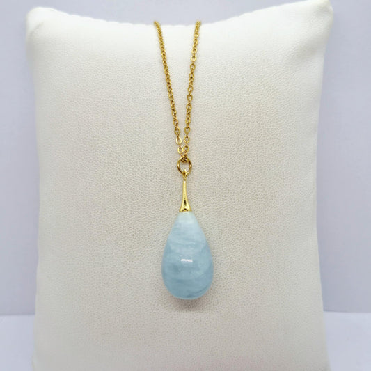 Natural Aquamarine Raindrop Pendant with Stainless Steel Gold Plated Chain Necklace