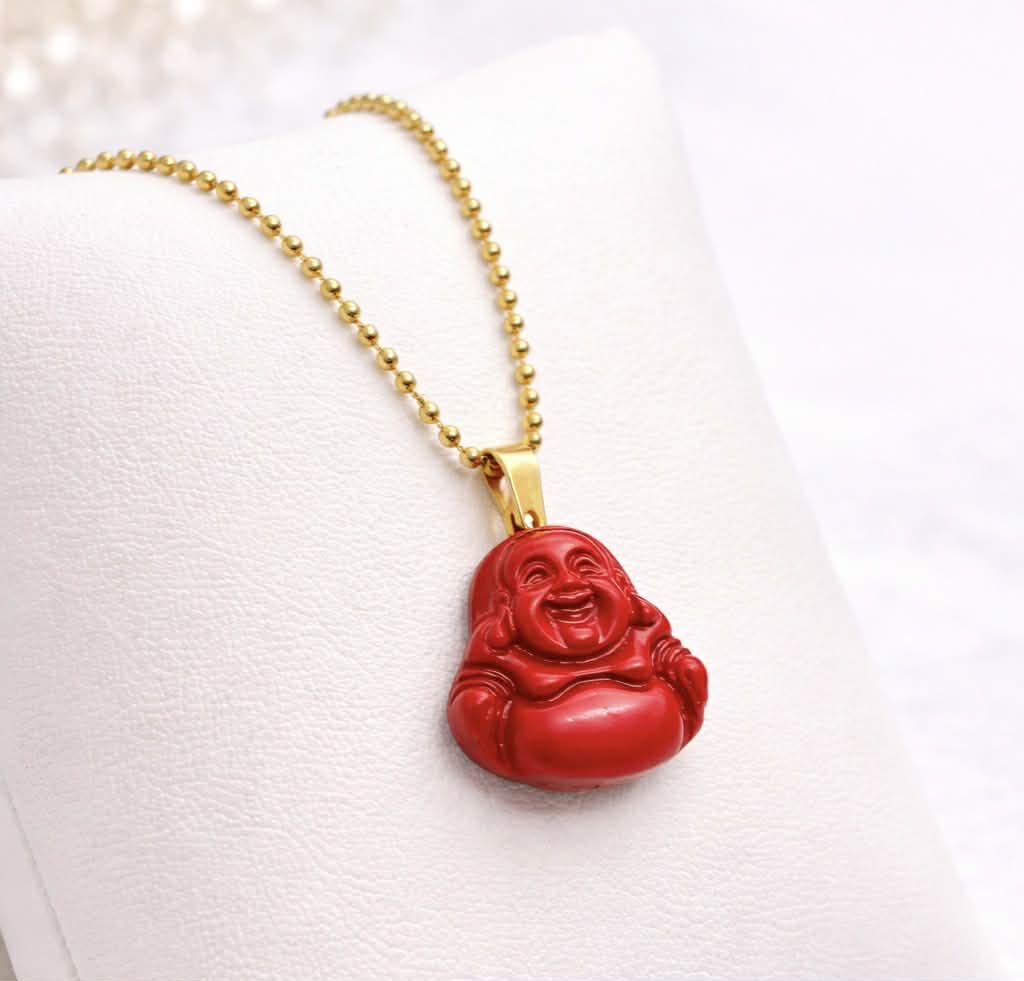 Natural Red Cinnabar Mini Buddha Pendant with Gold Plated Stainless Steel Chain Necklace