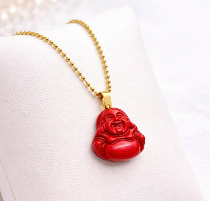 Natural Red Cinnabar Mini Buddha Pendant with Gold Plated Stainless Steel Chain Necklace