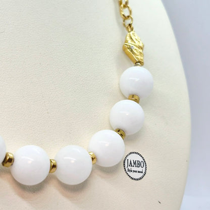 White Porcelain Set in 12mm Stones and Gold Plated Stainless Steel with Chain Necklace