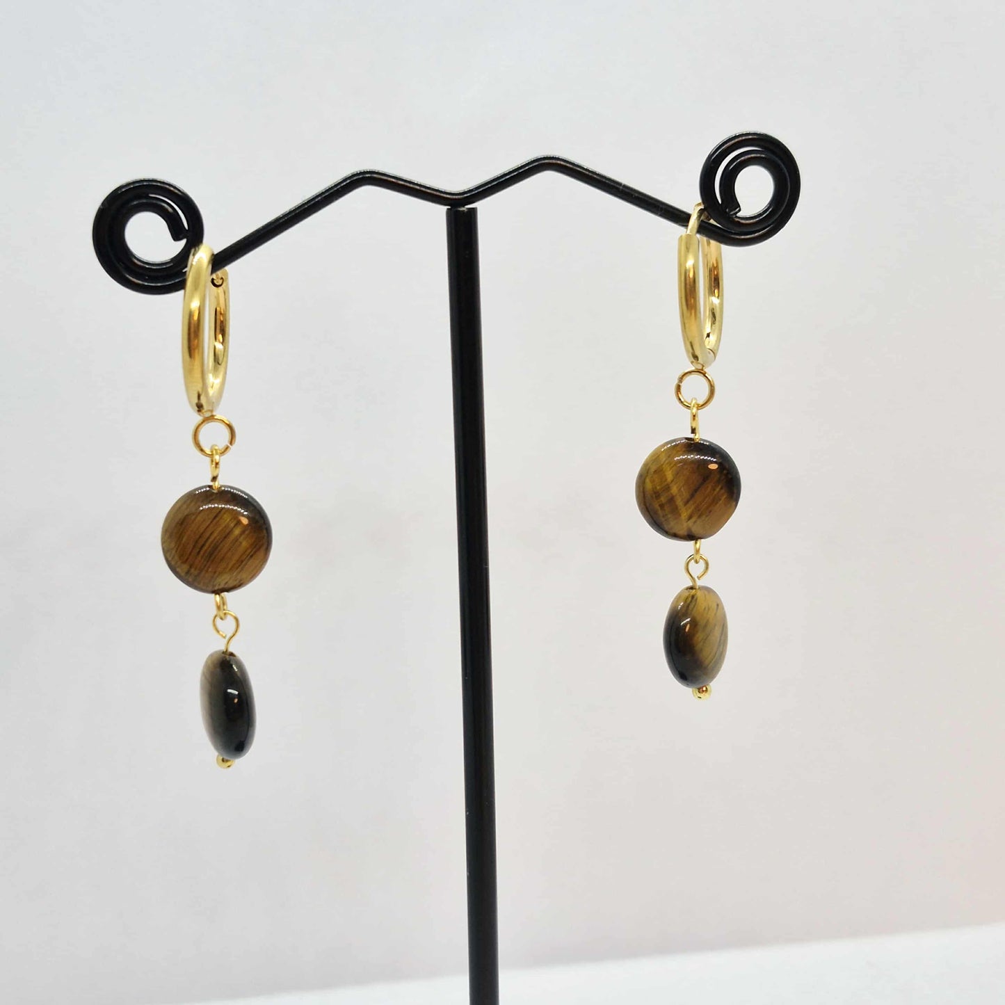 Button Tiger Eye Dangle Earrings In gold Plated Stainless Steel