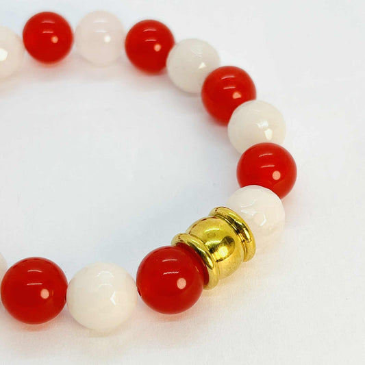 Natural White Quartz and Red Chalcedony Bracelet in 10mm Stones