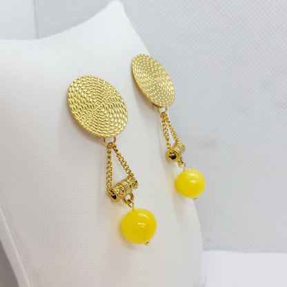 Natural Yellow Jade Dangle Earrings in Gold Plated Stainless Steel
