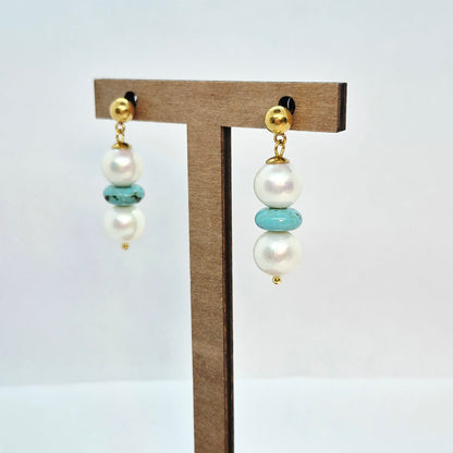 Natural 12mm Pearl and Turquoise Set in Gold Plated Stainless Steel