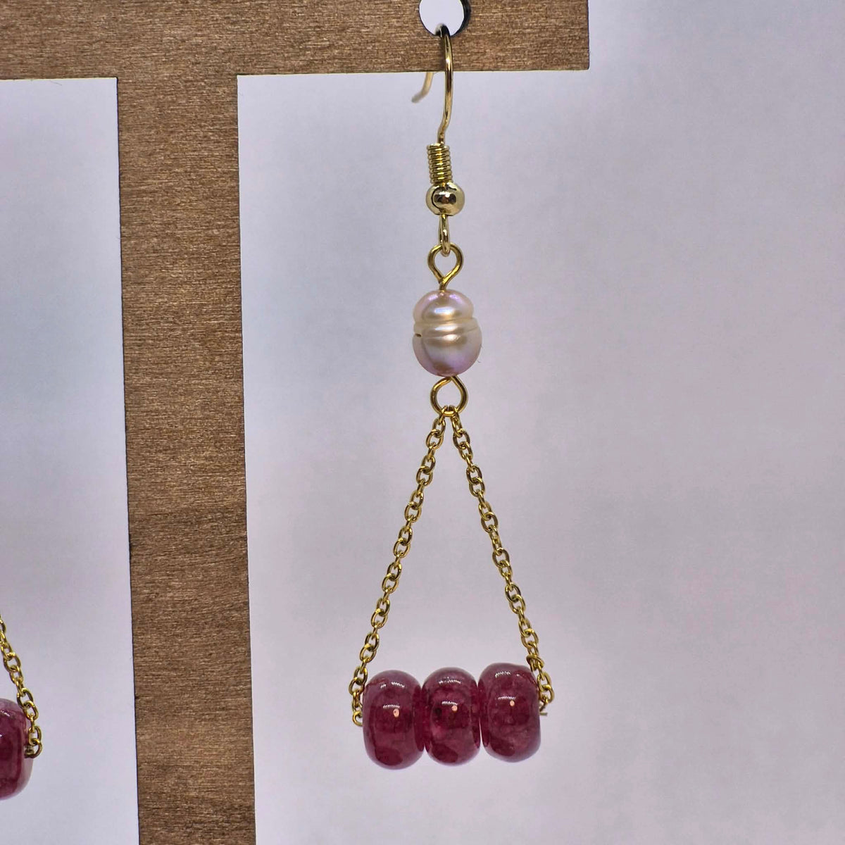 Natural Pearl and Pink Chalcedony Dangle Earrings in Stainless Steel Gold Plated