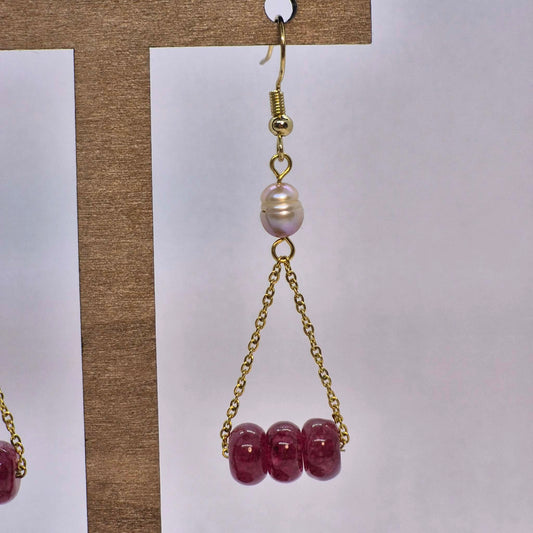 Natural Pearl and Pink Chalcedony Dangle Earrings in Stainless Steel Gold Plated