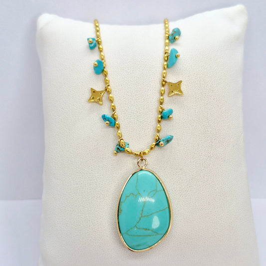 Natural Turquoise Pendant with Stainless Steel Chain Necklace