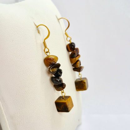 Natural Tiger Eye Dangle Earrings in Gold Plated Stainless Steel