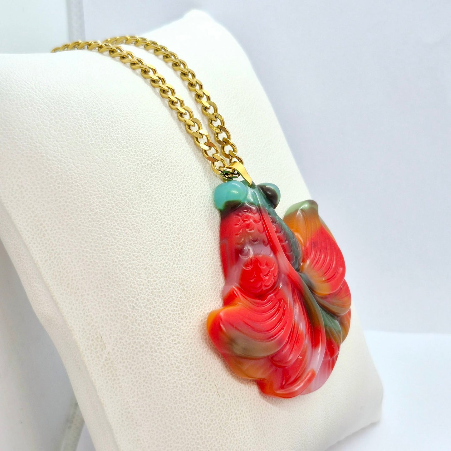 Natural Multi Colored Hetian Jade Fish Pendant with Stainless Steel Gold Plated Chain Necklace