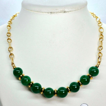 Natural Hetian Jade Set in 12mm Stones and Gold Plated Stainless Steel with Chain Necklace