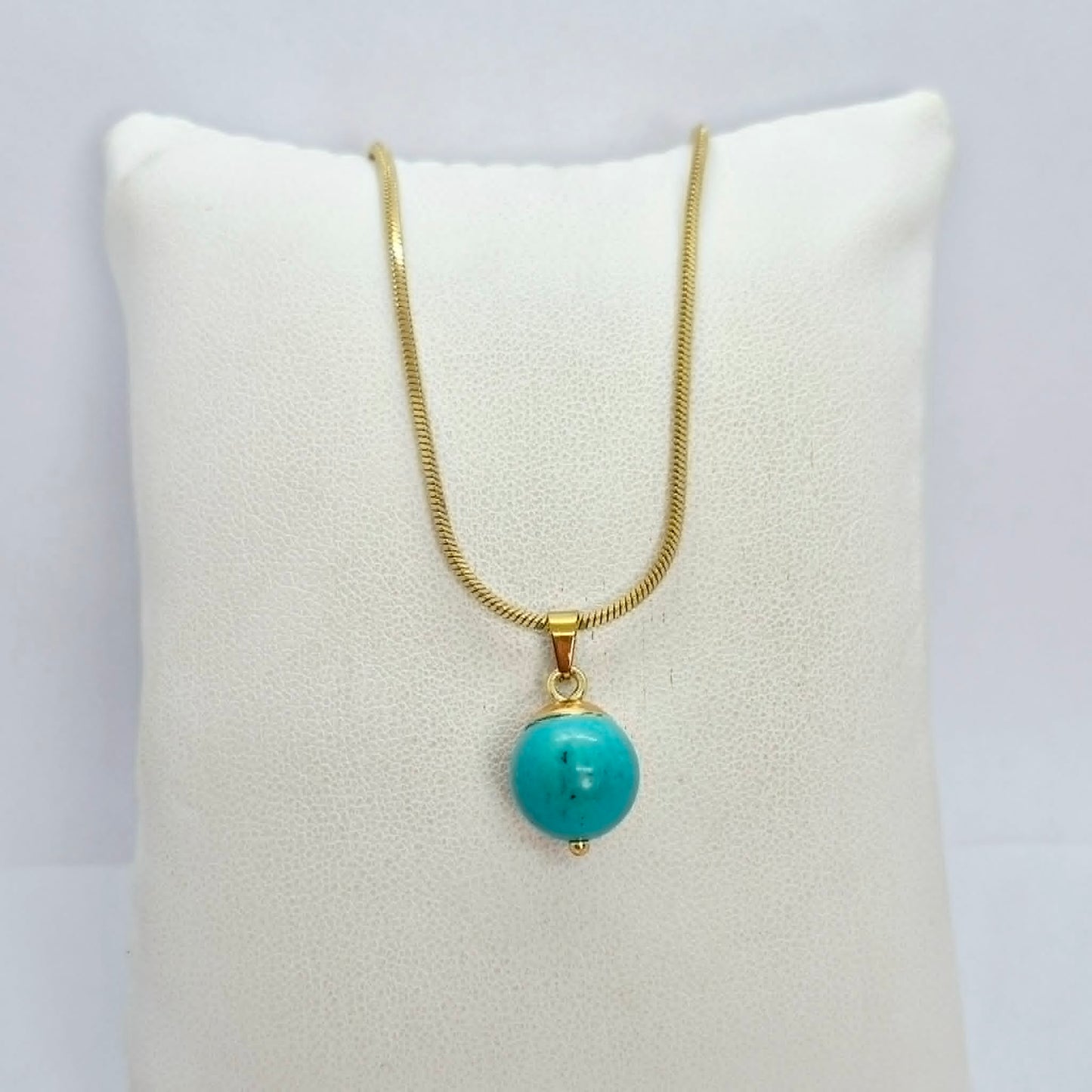 Natural Turquoise 12mm Stone Pendant with Gold Plated Stainless Steel Snake Chain Necklace