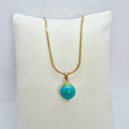 Natural Turquoise 12mm Stone Pendant with Gold Plated Stainless Steel Snake Chain Necklace