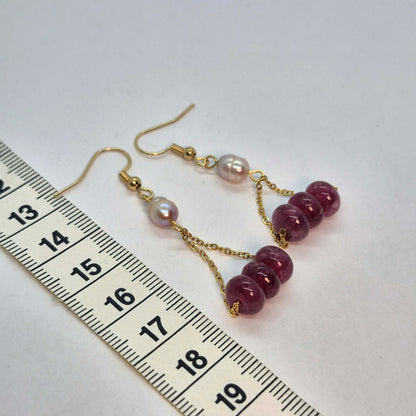 Natural Pearl and Pink Chalcedony Dangle Earrings in Stainless Steel Gold Plated